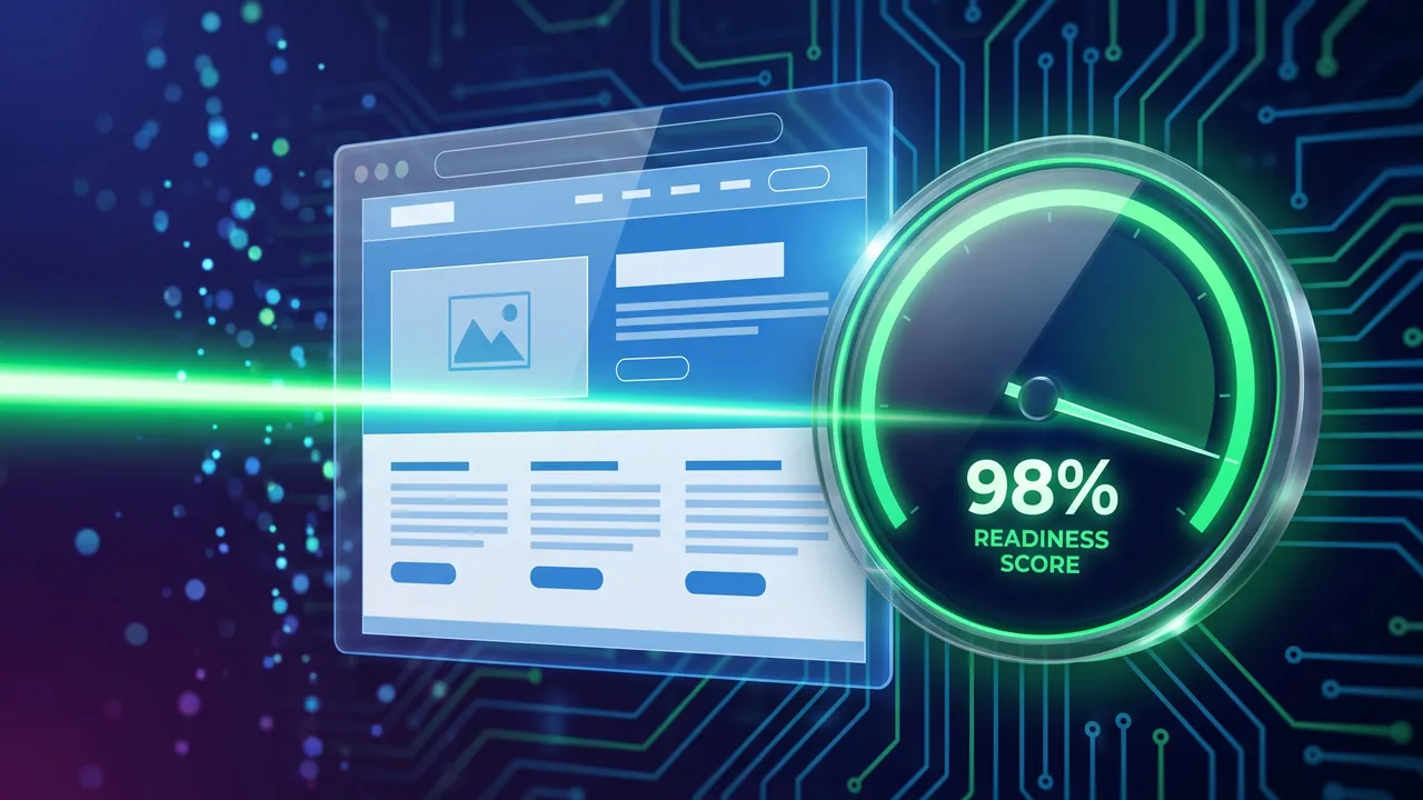 A website scanned by a green beam of light, showing a readiness score of 98%