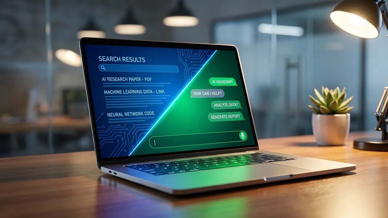 Laptop with a split screen: classic search results on the left, a ChatGPT AI chat on the right