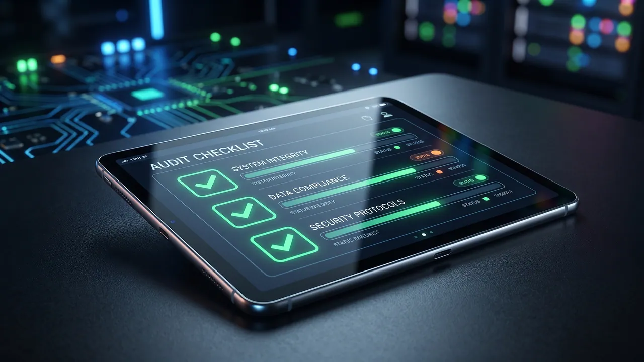 A tablet showing a digital audit checklist with green checkmarks