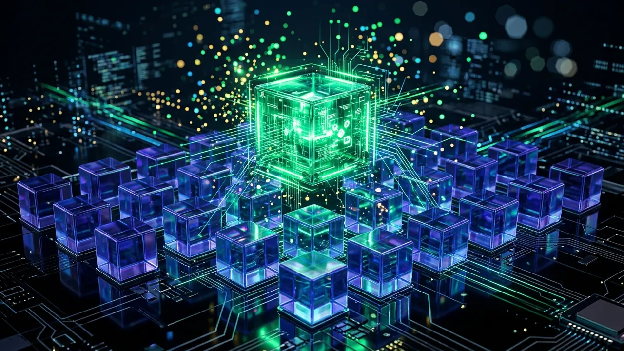 A glowing green brand cube rising above competing cubes