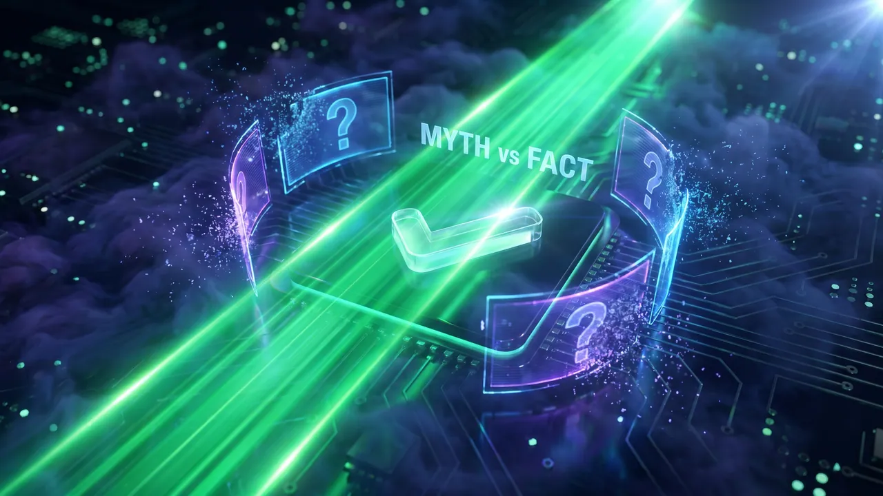 A green beam of light breaking through fog toward a checkmark, myth versus fact