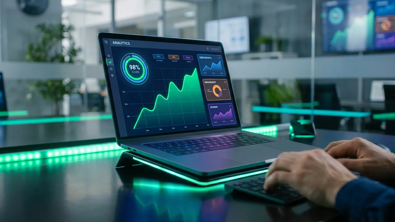 Laptop met een analytics-dashboard en een stijgende prestatiegrafiek in het groen