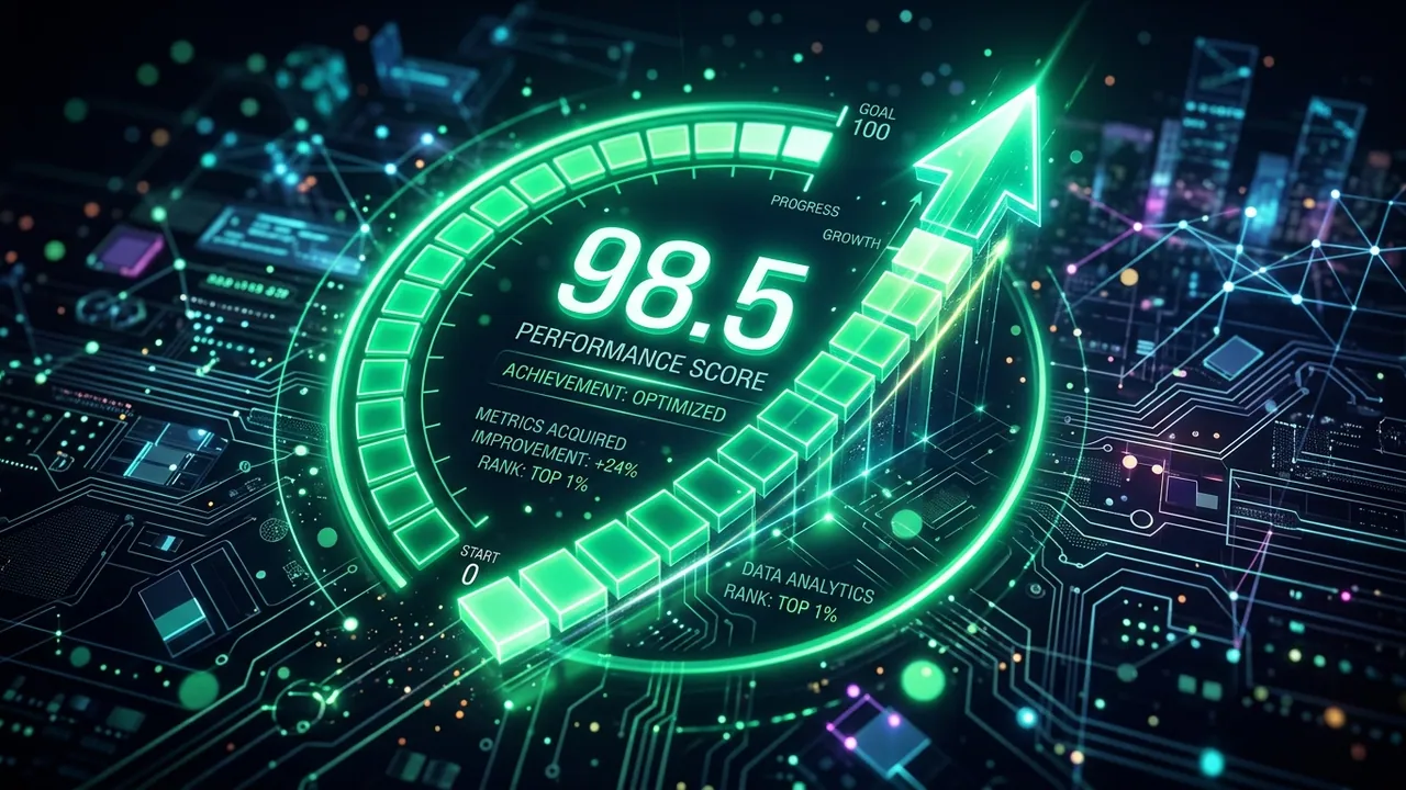 A green performance score meter with a rising arrow toward 100