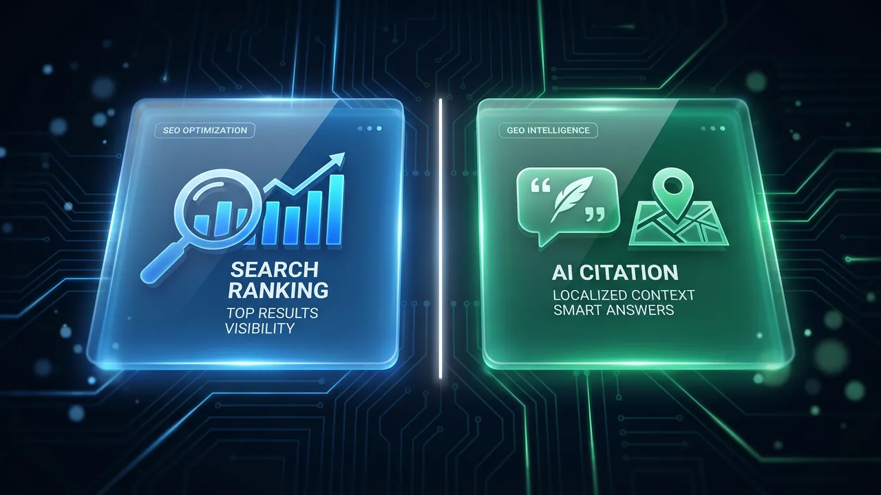 Two panels side by side: a blue SEO search ranking next to a green GEO AI citation