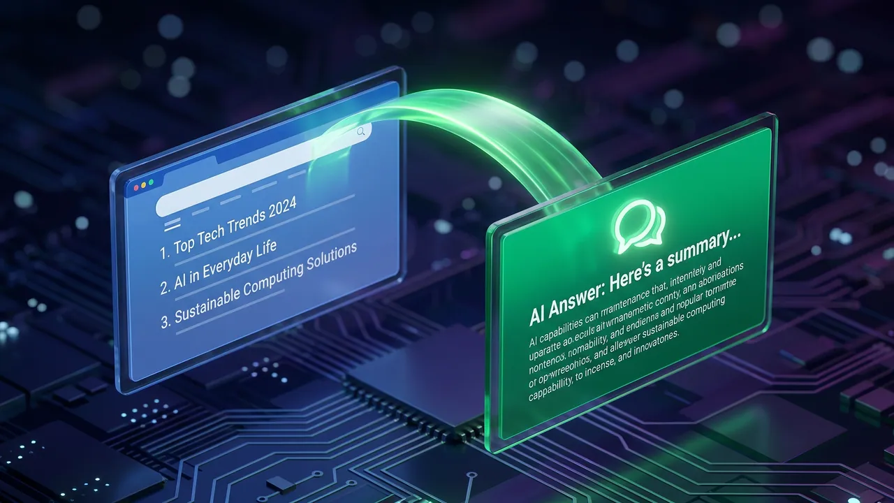 A bridge of light between classic search results and an AI answer card