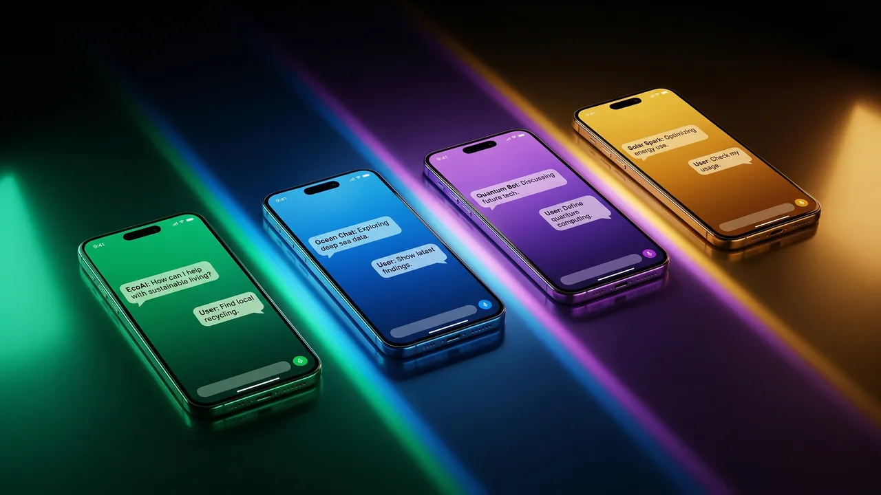 Four smartphones side by side, each showing an AI chat conversation in a different color