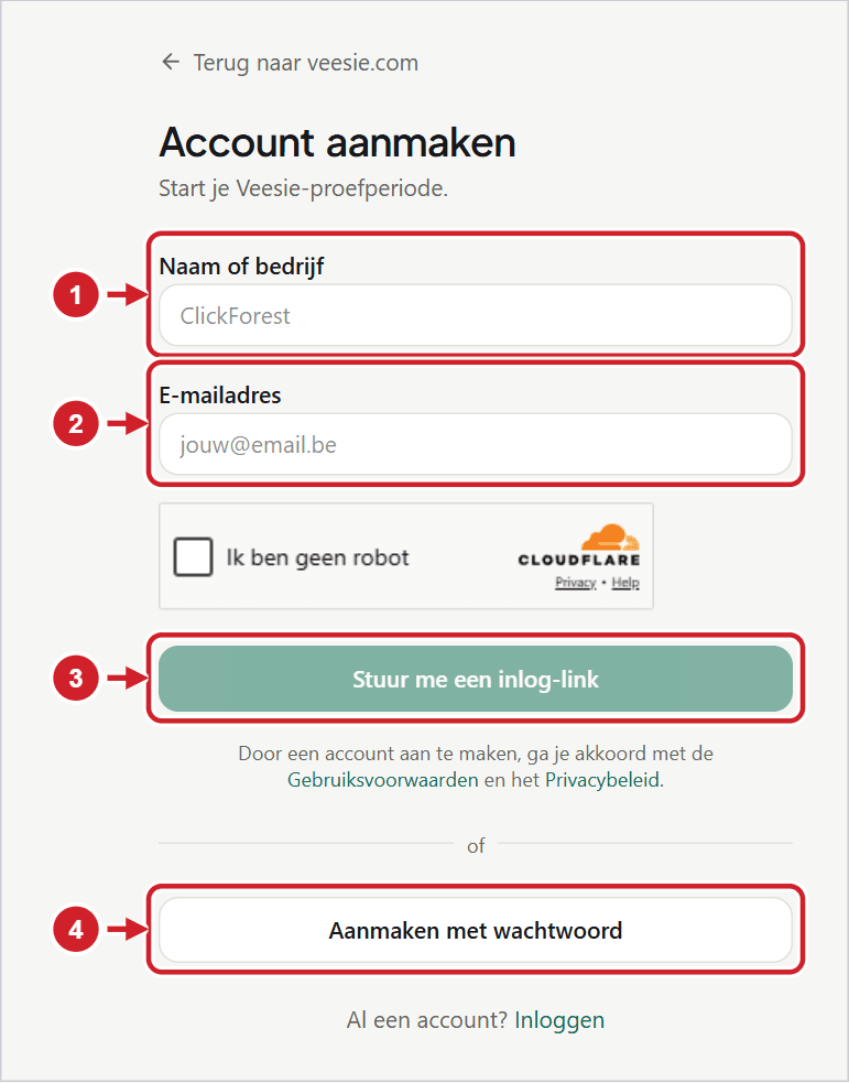 Het formulier Account aanmaken met de velden Naam of bedrijf en E-mailadres, de verzendknop en de knop om met een wachtwoord aan te maken