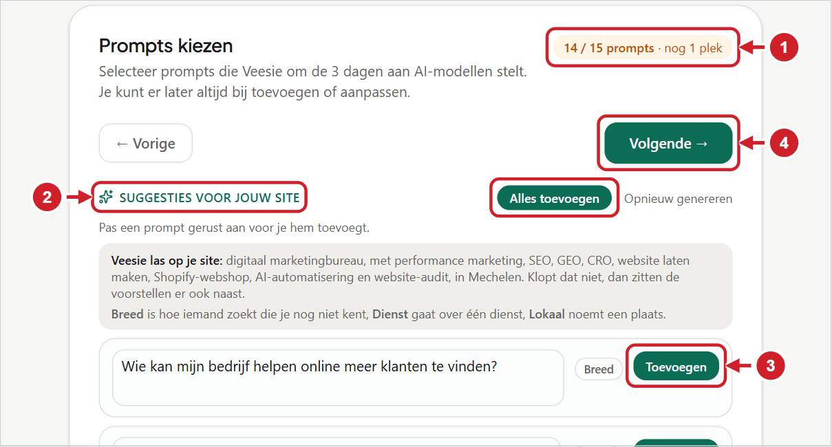 De wizardstap Prompts kiezen met de teller rechtsboven, de knop Volgende, de suggesties en hun knop Toevoegen