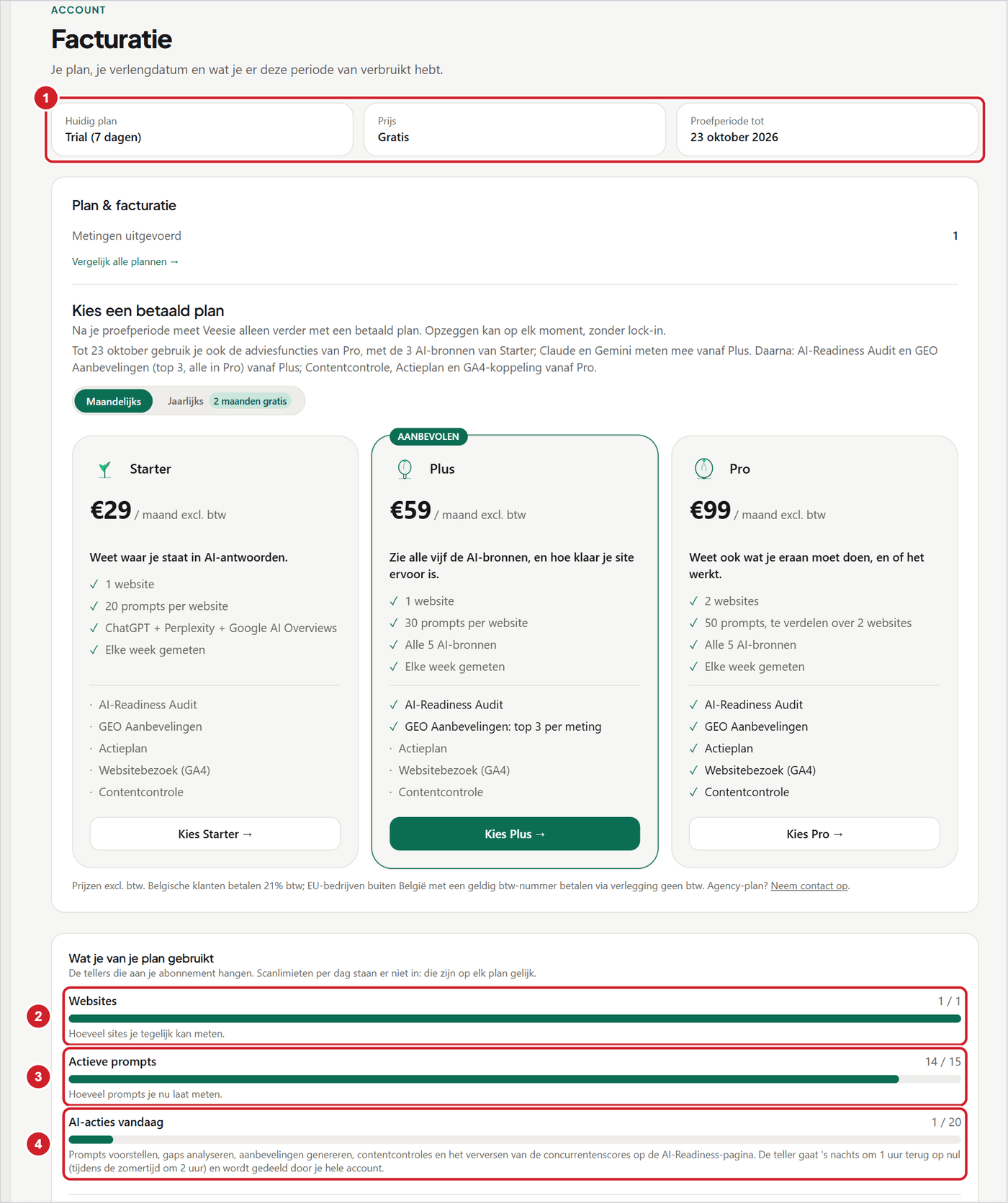 De pagina Facturatie met bovenaan de vakjes van je abonnement en daaronder het blok Wat je van je plan gebruikt