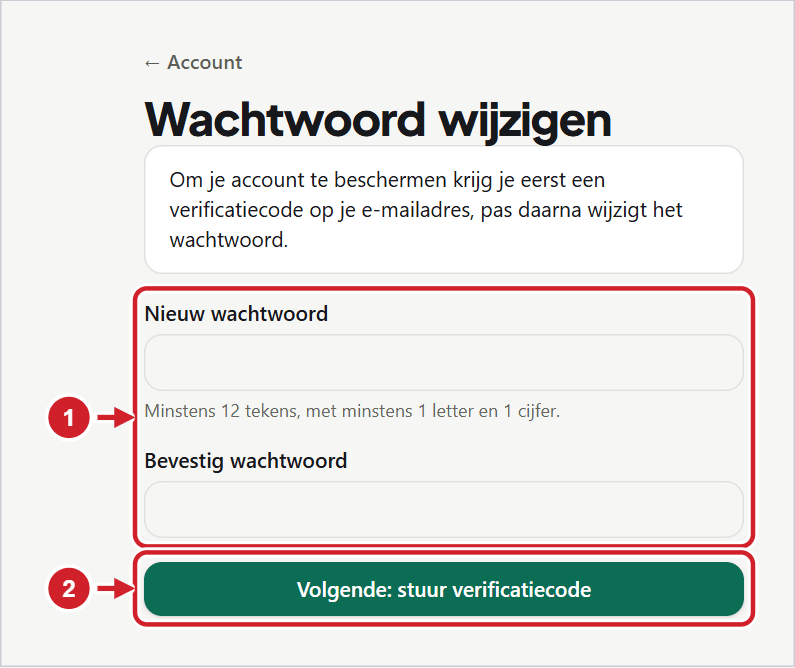 Het scherm Wachtwoord wijzigen met de velden Nieuw wachtwoord en Bevestig wachtwoord en de knop om de verificatiecode te versturen