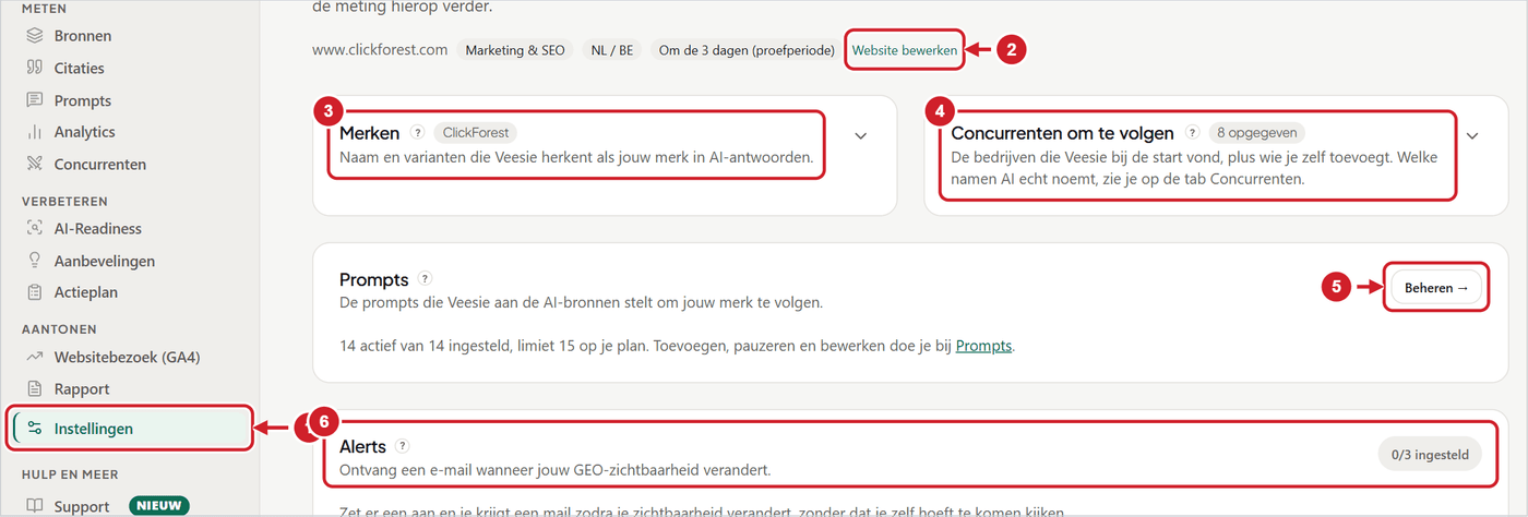 Het tabblad Instellingen met de blokken Merken, Concurrenten om te volgen, Prompts en Alerts
