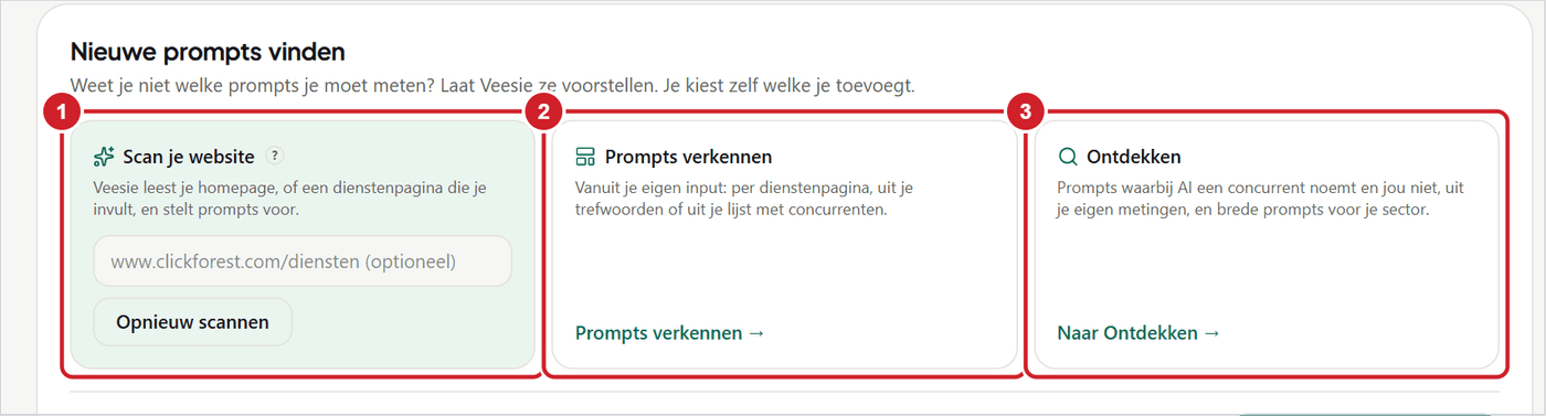 Het blok Nieuwe prompts vinden met de kaarten Scan je website, Prompts verkennen en Ontdekken