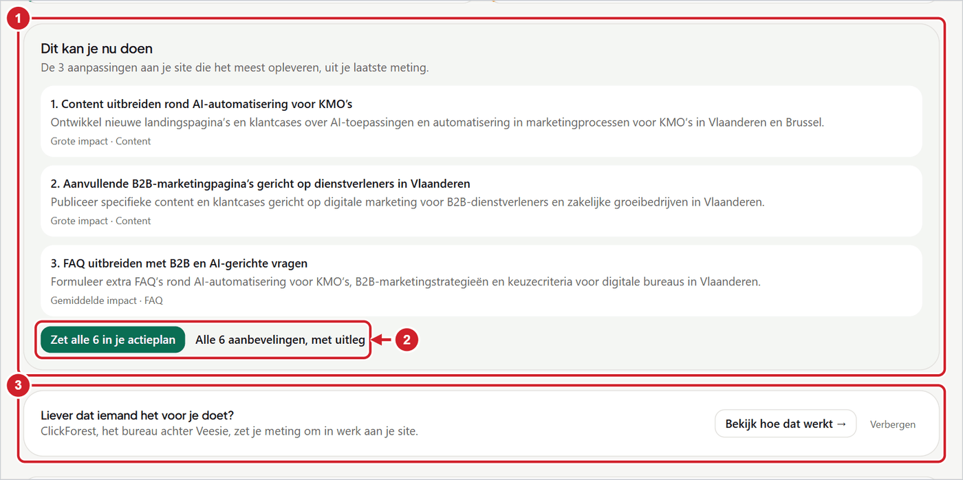 Het blok Dit kan je nu doen met drie aanbevelingen, en eronder de kaart Liever dat iemand het voor je doet