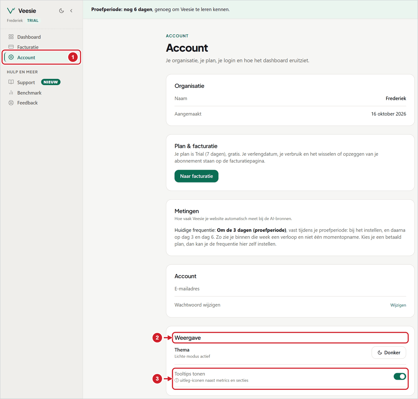 De pagina Account met het blok Weergave, de knop voor het thema en de schakelaar Tooltips tonen