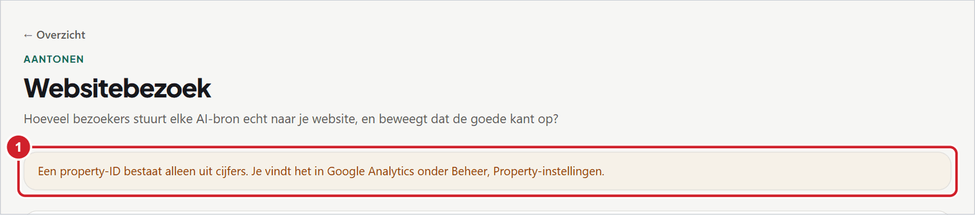 Het tabblad Websitebezoek met bovenaan een melding dat een property-ID alleen uit cijfers bestaat